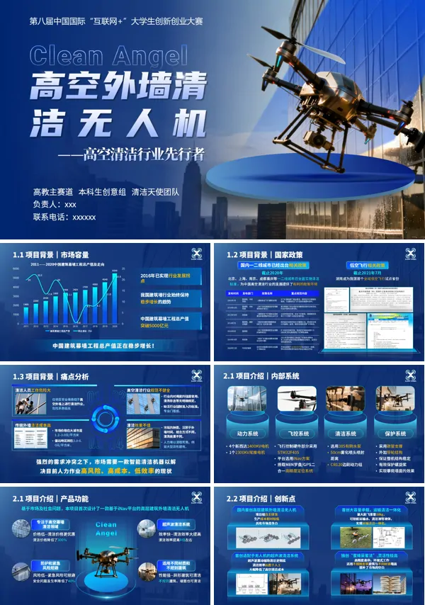 大学生创新创业大赛高空外墙清洁无人机项目介绍动态PPT模板含讲稿