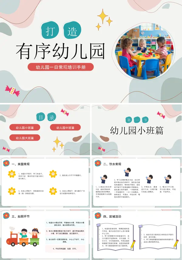 幼儿园一日常规培训手册幼儿园行为规范PPT模板含讲稿