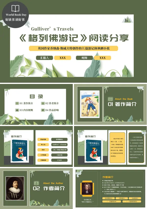 PPT模板从四个部分来展开介绍关于《格列佛游记》的读书分享的相关内容。PPT模板的第一部分简要介绍了《格列佛游记》的基本信息,并阐述了本书的重要文学地位。第二部分介绍了《格列佛游记》的作者乔纳森·斯威夫特的基本信息以及其代表作品。第三部分通过图文结合的形式阐述了《格列佛游记》的主要内容。第四部分指明了《格列佛游记》在文学界的重要影响。
