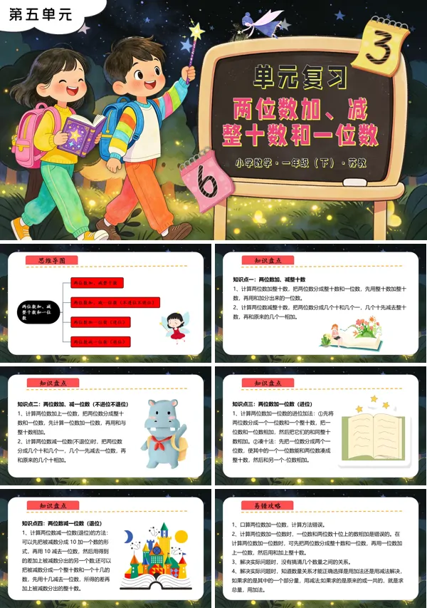 蘇教小學(xué)數(shù)學(xué)一年級下冊第五單元 兩位數(shù)加、減整十數(shù)和一位數(shù)單元復(fù)習PPT課件（含知識清單+單元測試卷）