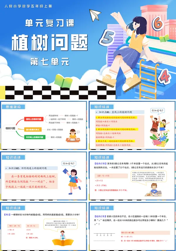 五年级数学上学期期末复习讲练测人教第七单元植树问题PPT课件含教案