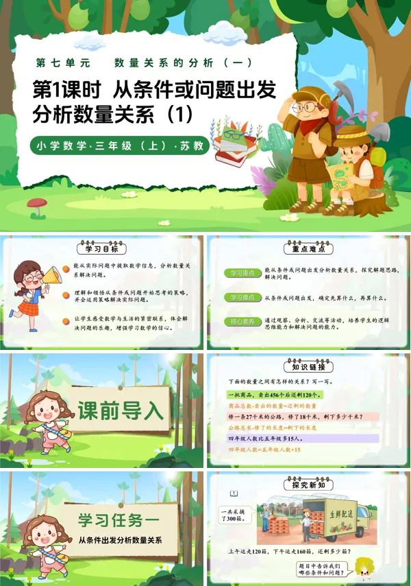 三年级数学上苏教新教材 第七单元 第1课时 从条件或问题出发分析数量关系ppt课件 教案+分层作业+学习任务单