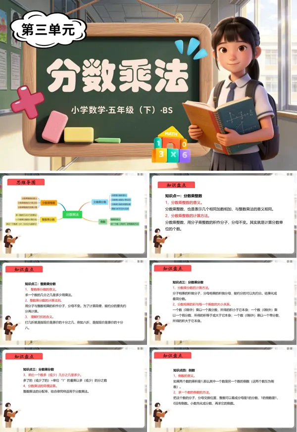 五年級(jí)數(shù)學(xué)下冊(cè)北師大 第三單元 分?jǐn)?shù)乘法（復(fù)習(xí)課件）ppt課件（知識(shí)清單+單元檢測卷）