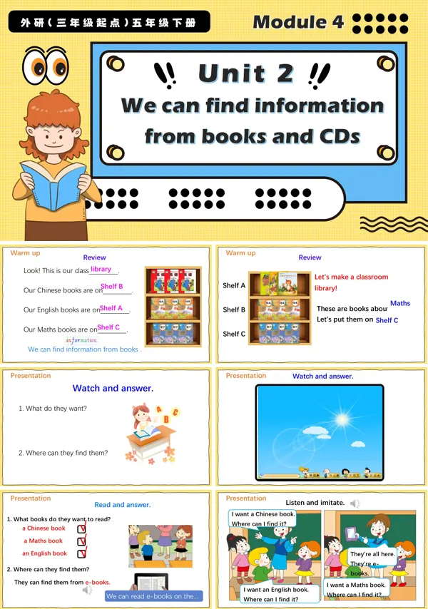外研五年级英语下册Module 4 Unit2 We can find information from books and CDs PPT课件含教案