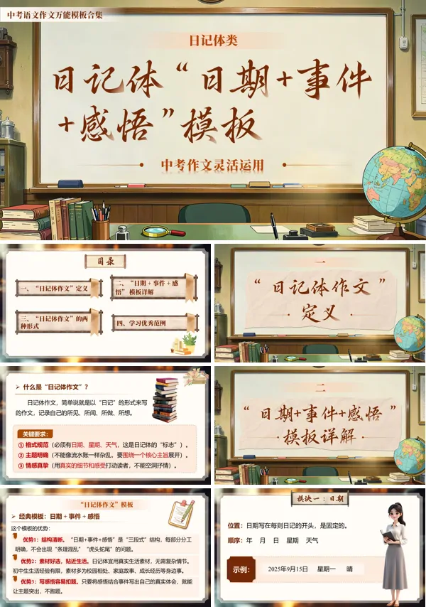 日记体类万能模版06《日记体 “日期 + 事件 + 感悟” 模板》中考语文作文ppt课件（教案+逐字稿+教学反思）