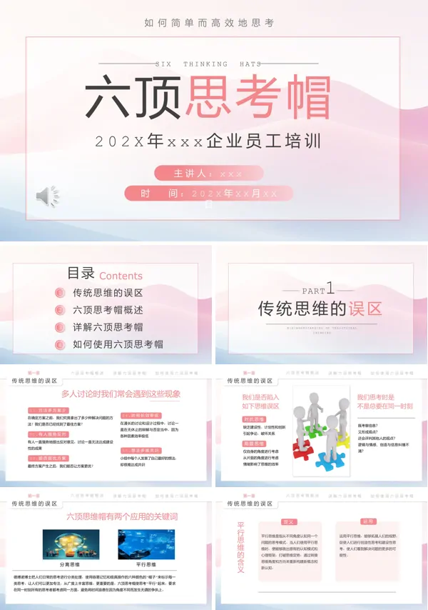 六顶思考帽如何简单而高效的思考员工培训课件PPT模板