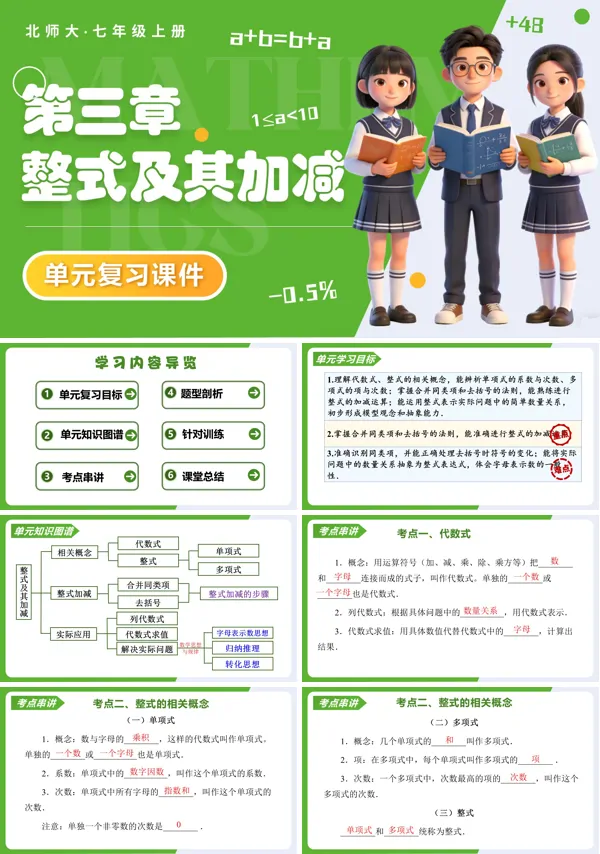 七年级数学上册北师大单元复习 第三章 整式及其加减（复习课件）ppt课件（知识清单+复习讲义）