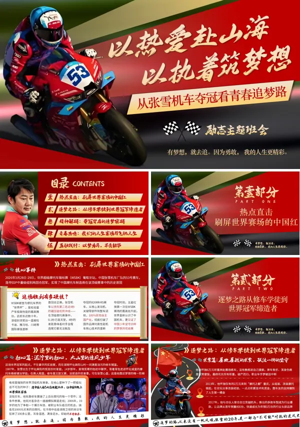 以热爱赴山海以执着筑梦想从张雪机车夺冠看青春追梦路主题班会PPT模板含讲稿