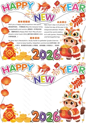 2026 新春手抄报空白版 带新年祝福语元旦简介新年目标设计