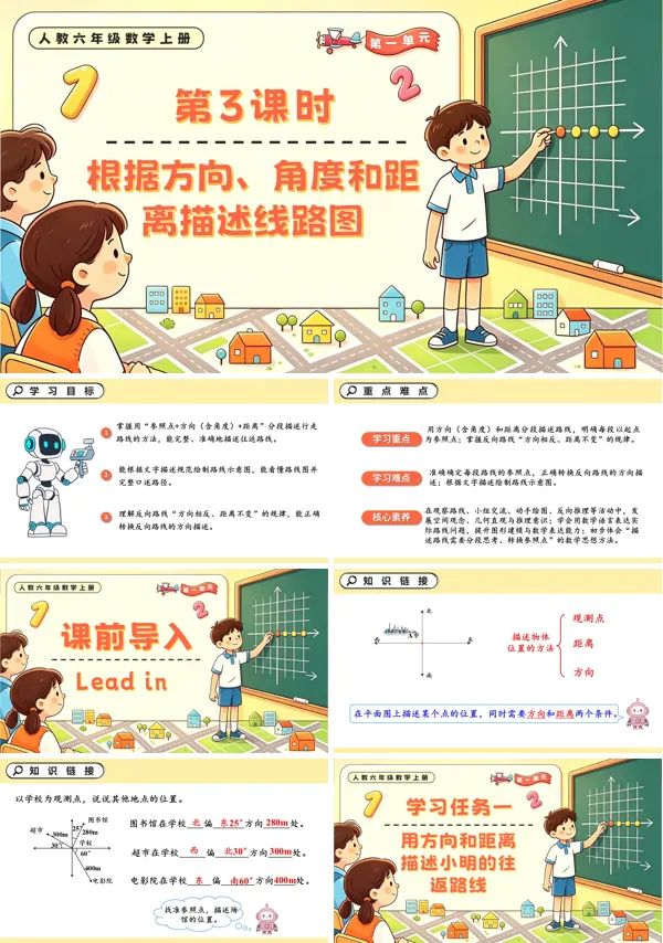 人教六年级数学上册第一单元第3课时根据方向、角度和距离描述线路图PPT课件（含教案+学习任务单+分层作业）
