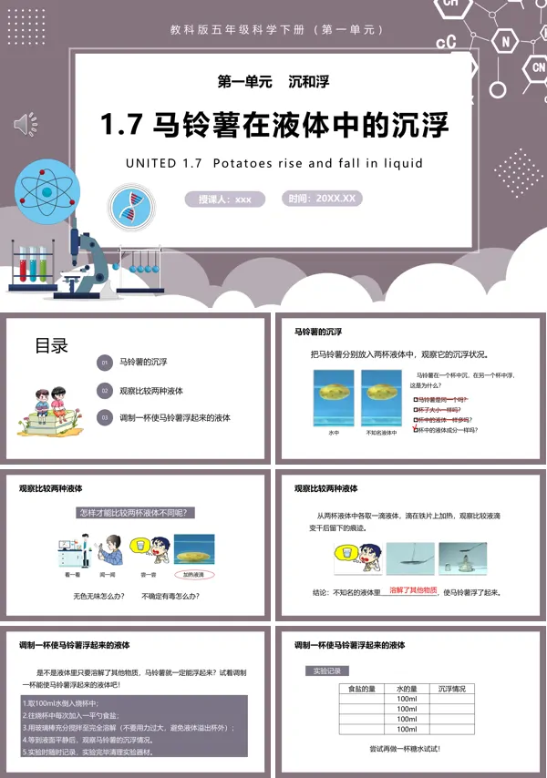 教科版五年级科学下册马铃薯在液体中的沉浮课件PPT