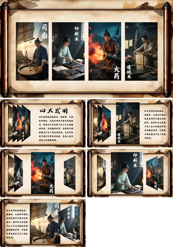 四大发明图片展示平滑动画PPT【特效动画】模板