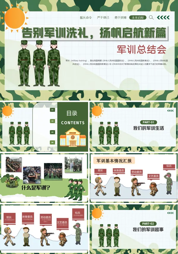 军训总结班会动态ppt模版（含讲稿）