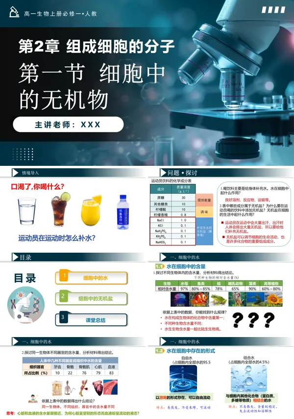 高一人教生物上册必修一2.2细胞中的无机物PPT课件含教案
