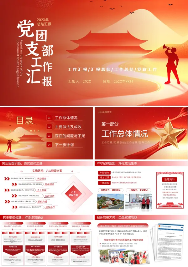 红色党政党建党团支部工作汇报PPT含讲稿