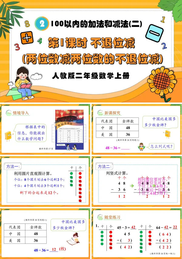 人教版二年级数学上册第1课时不退位减（两位数减两位数的不退位减）PPT课件含教案