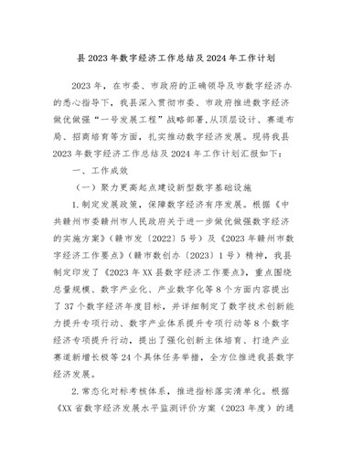 县2023年数字经济工作总结及2024年工作计划（完美版）