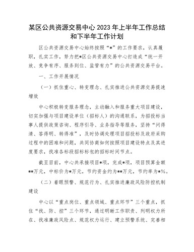 某区公共资源交易中心2024年上半年工作总结和下半年工作计划（内容全面）