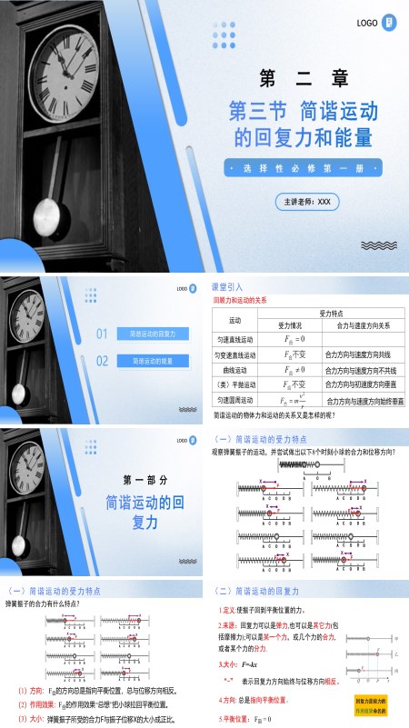 高二物理人教选择性必修第一册2.3 简谐运动的回复力和能量PPT课件含教案