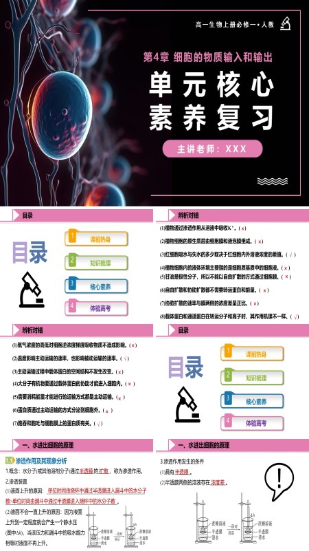 高一人教生物上册必修一第4章细胞的物质输入和输出单元复习课件PPT课件含教案