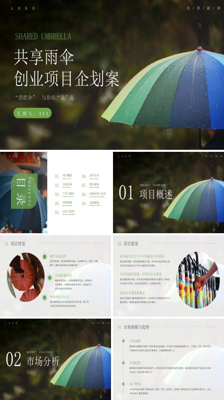 共享雨伞创业项目分析动图PPT模板含讲稿