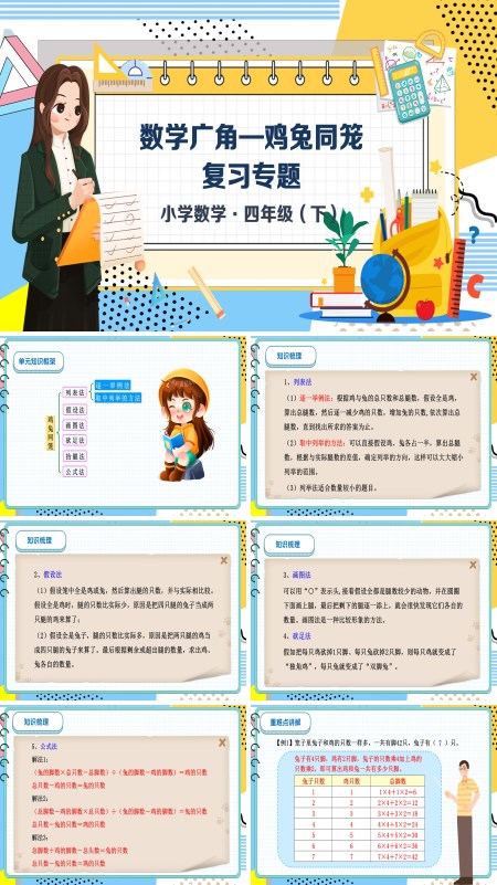 数学四年级下册第九单元单元复习数学广角鸡兔同笼PPT课件含教案