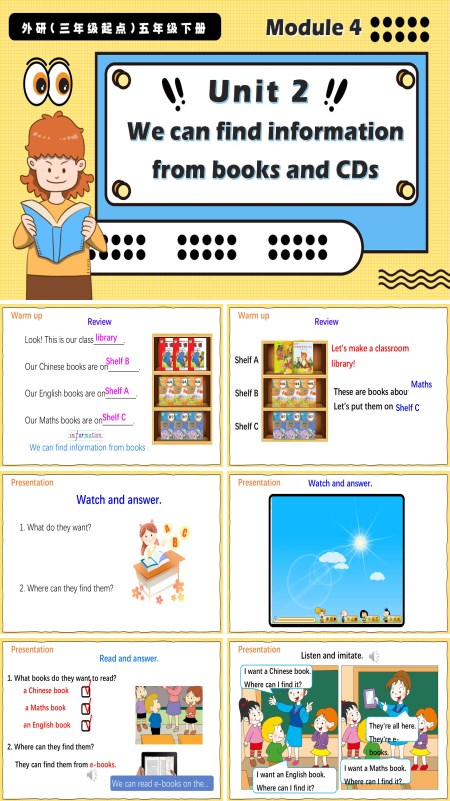 外研五年级英语下册Module 4 Unit2 We can find information from books and CDs PPT课件含教案
