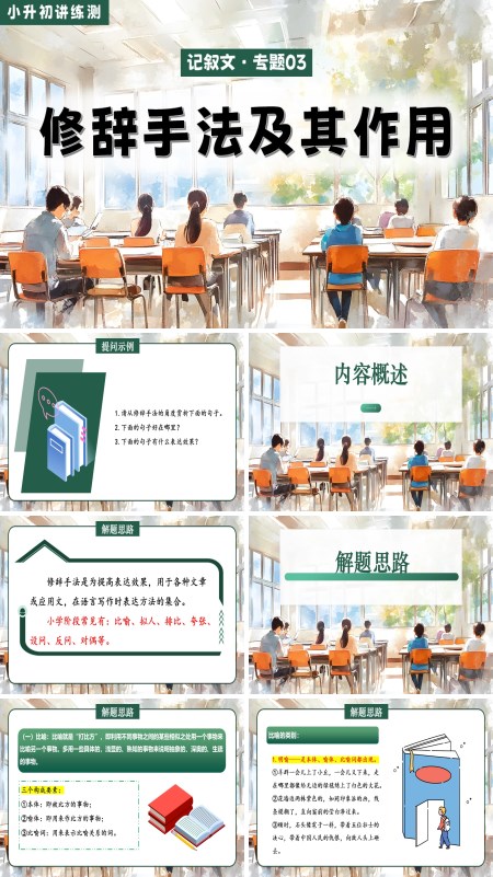 2025年小升初语文复习讲练测统编这是一套关于2025年小升初语文复习修辞手法及其作用讲练测的PPT课件，一共包括37张幻灯片。设置该节课程的目的是帮助学生能够准确识别常见的修辞手法，并深入理解不同修辞手法在句子、段落中的表达作用，提升对文本的赏析能力，同时能够运用修辞手法进行句子仿写与作文创作，增强语言表现力。该套PPT从三个方面展开这一节课程的学习。第一部分为内容概述。第二部分为解题思路，该部