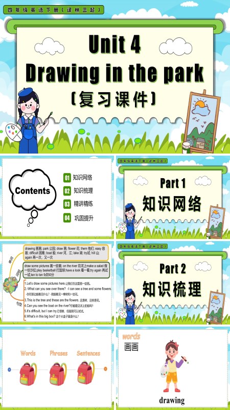 四年级英语下册译林三起Unit 4 Drawing in the park单元复习PPT课件含教案