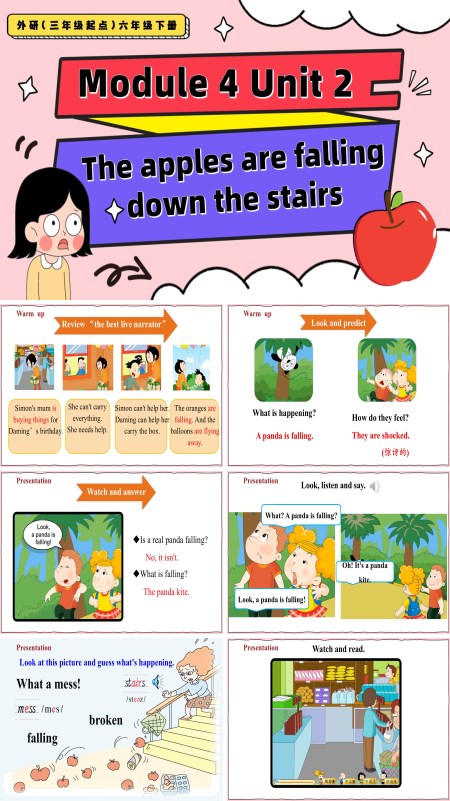 外研三年级起点六年级下册Module4 Unit2 The apples are falling down the stairs PPT课件含教案