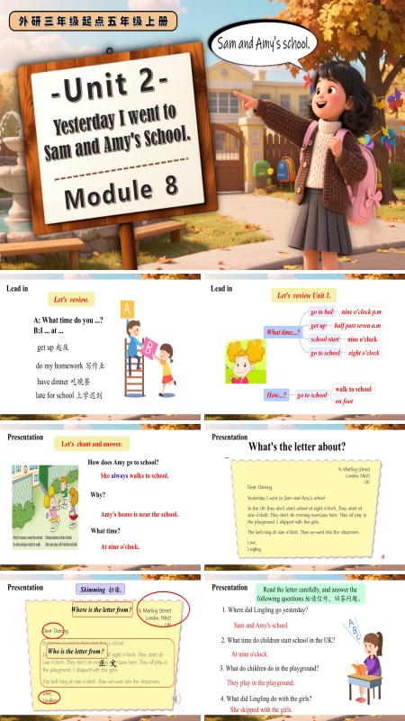 外研五年级英语上册Module 8 Unit2 Yesterday I went to Sam and Amy's school.PPT课件含教案