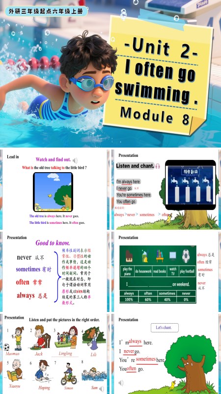 六年级英语上册外研Module 8 Unit2 I often go swimming.PPT课件含教案