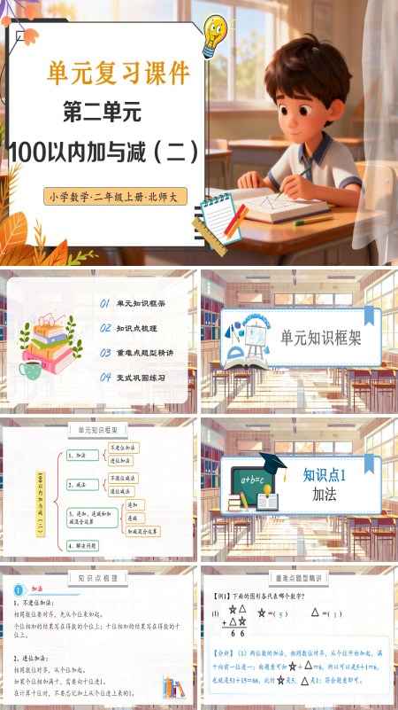 北师大数学二年级上册第一单元100以内加与减（二）单元复习PPT课件含教案