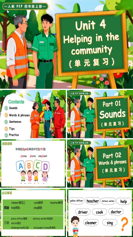 人教PEP四年级上册Unit 4 Helping in the community  复习课件 PPT课件含知识清单