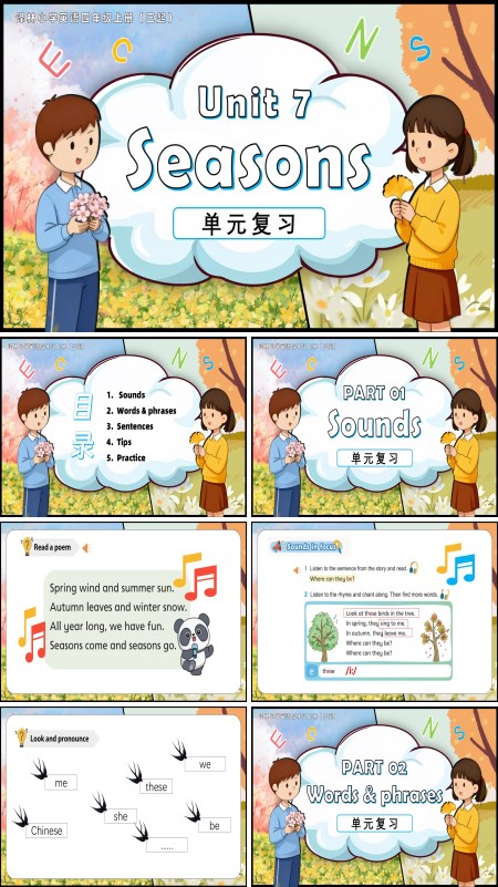 译林小学英语四年级上册（三起）Unit 7 Seasons复习课件（新教材）PPT课件含知识清单