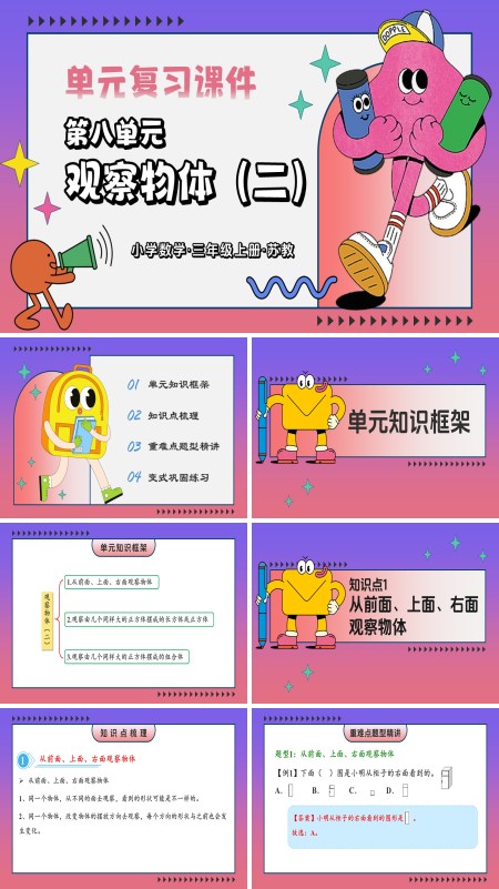 三年级数学上册苏教 新教材 第八单元  观察物体（二）（复习课件）ppt课件（知识清单+单元测试）