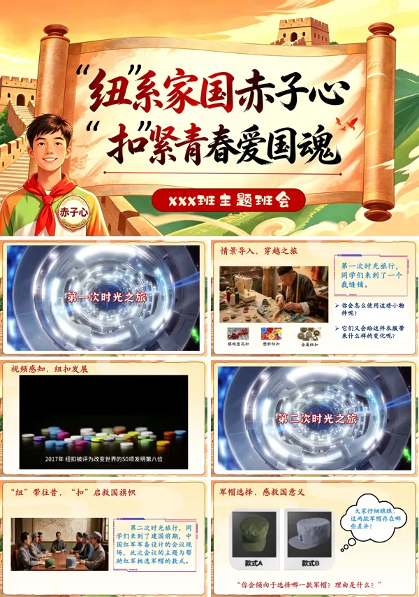 “纽”系家国赤子心，“扣”紧青春爱国魂主题班会PPT模板含讲稿