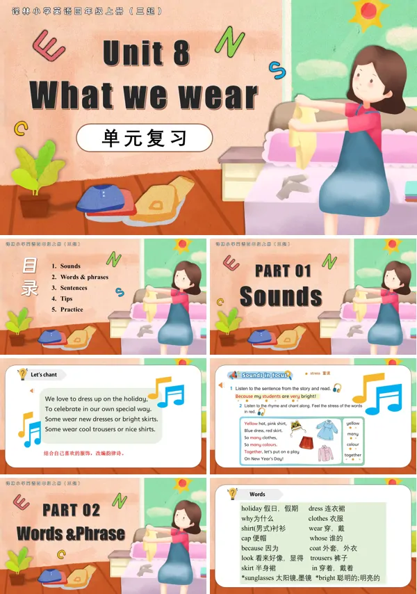 译林小学英语四年级上册（三起）Unit 8 What we wear 单元复习课件（新教材）PPT课件含知识清单