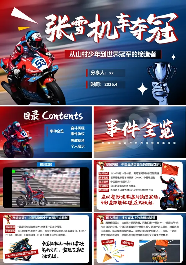 张雪机车夺冠从山村少年到世界冠军的缔造者励志教育主题班会PPT模板含讲稿