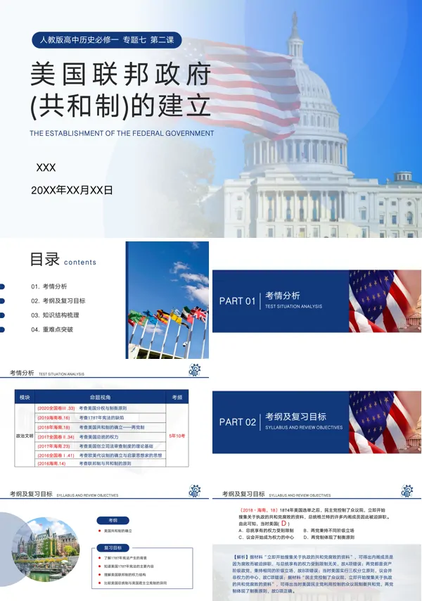 历史必修一专题七第二课课文内容“美国联邦政府（共和制）的建立”复习的PPT课件