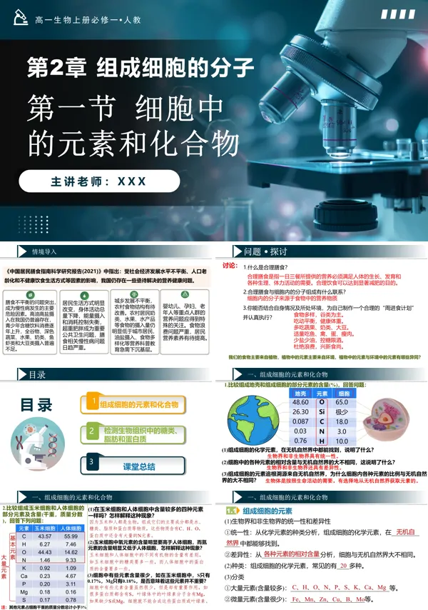 高一人教生物上册必修一2.1细胞中的元素和化合物PPT课件含教案