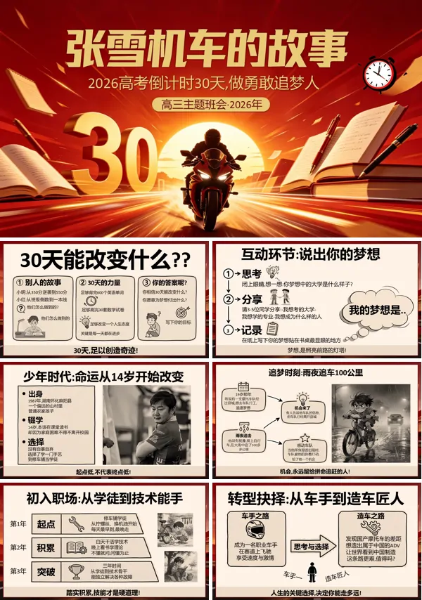 张雪机车的故事高考倒计时30天主题班会PPT模板含讲稿