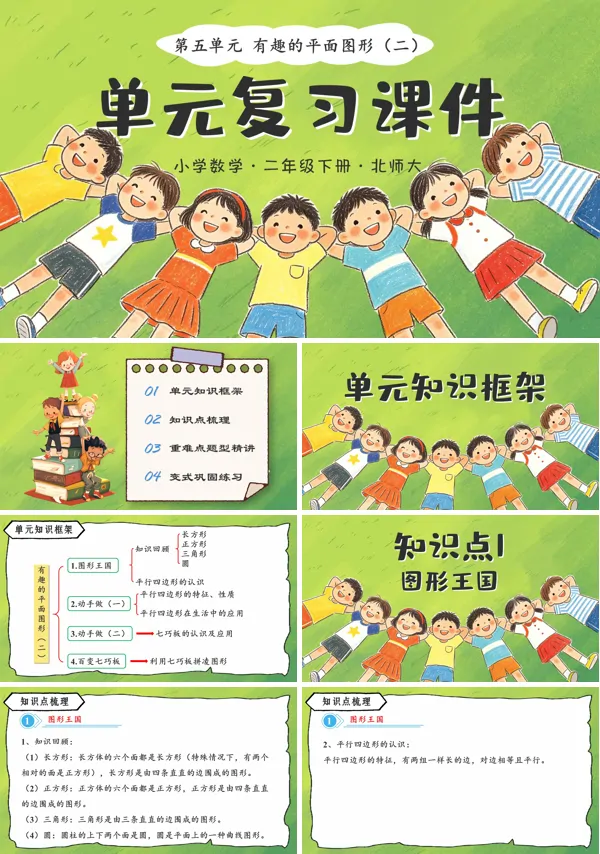 第五单元《有趣的平面图形（二）》单元复习 二年级数学下册北师大ppt课件（知识清单）