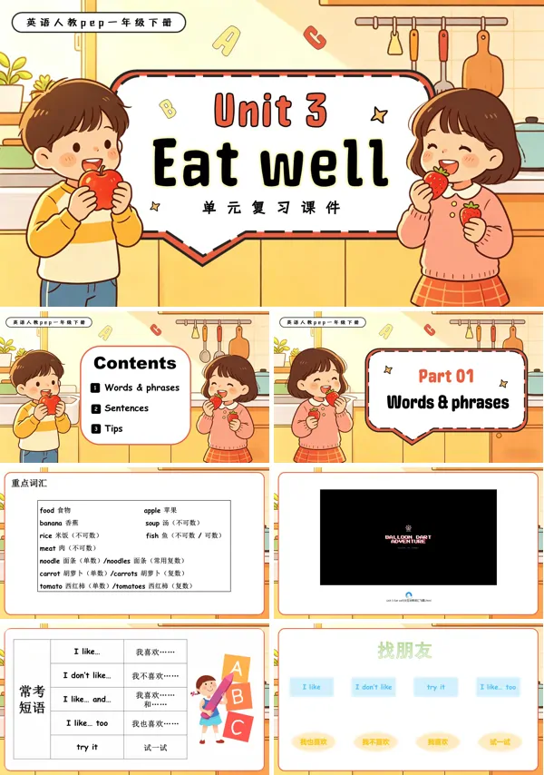 英语人教PEP版一年级下册新教材Unit 3 Eat well单元复习PPT课件（含知识清单）