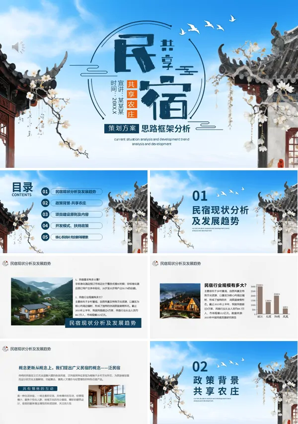 共享农庄民宿策划方案思路框架分析PPT模板含讲稿