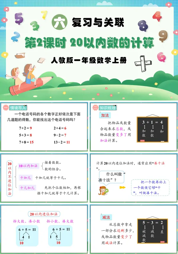 人教版一年级数学上册第2课时20以内数的计算PPT课件含教案
