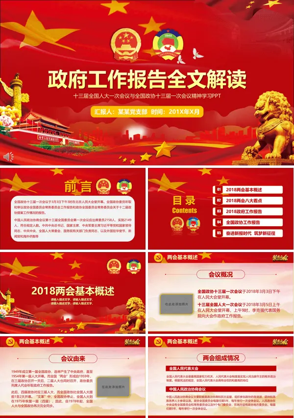 聚焦两会政府工作报告全文解读PPT模板
