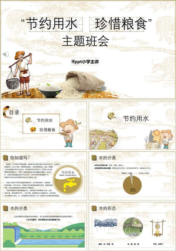 节约用水珍惜粮食主题班会PPT模板