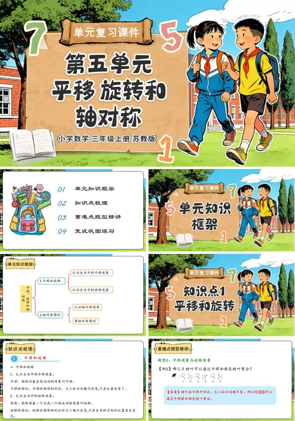 三年级数学上册苏教 第五单元 平移、旋转和轴对称（复习课件）ppt课件（知识清单+单元测试）