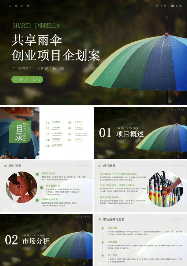 共享雨伞创业项目分析动图PPT模板含讲稿